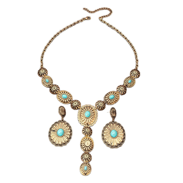 Western Vintage Turquoise Jewelry Set, Concho Pattern Y‑Drop Necklace & Dangle Earring Kit