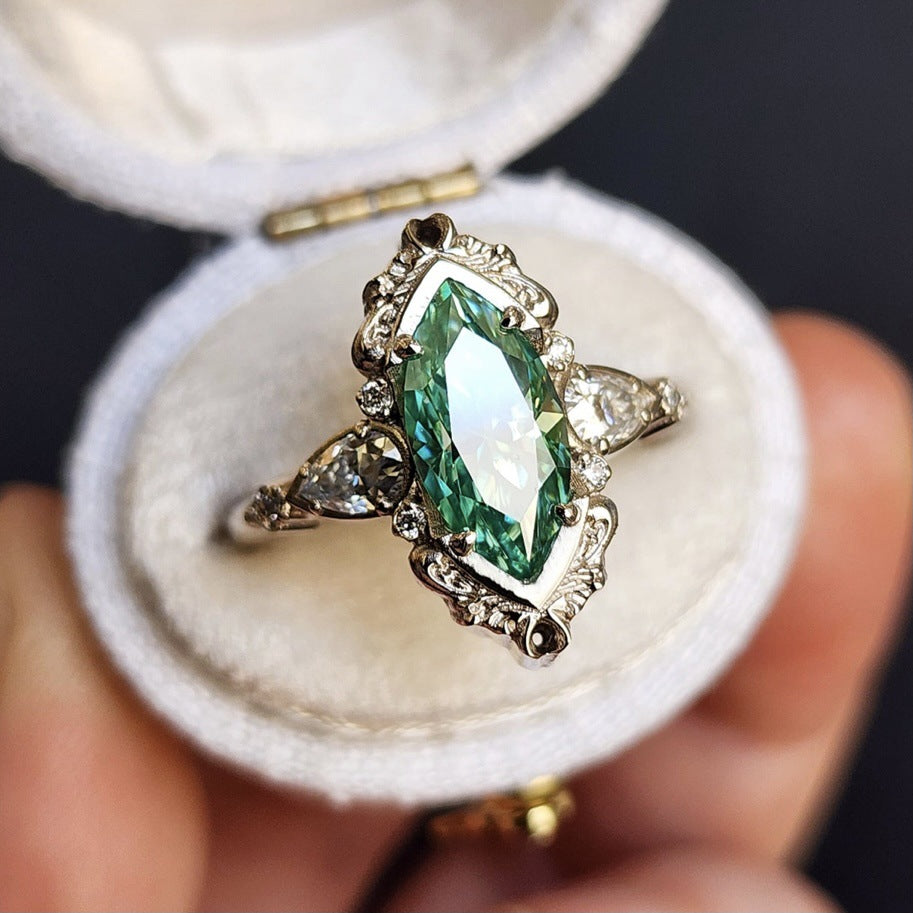 Vintage Marquise Green Diamond Statement Ring Ornate Filigree Three Stone Engagement Ring Antique Art Deco Wedding Ring Fine Jewelry