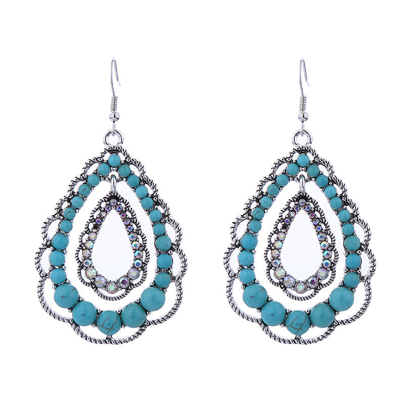 Bohemian Multi‑Layer Teardrop Turquoise Hook Earrings Vintage Hollow Ethnic Style Earrings For Women