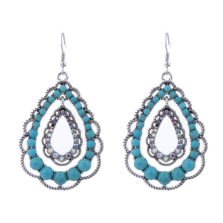 Bohemian Multi‑Layer Teardrop Turquoise Hook Earrings Vintage Hollow Ethnic Style Earrings For Women