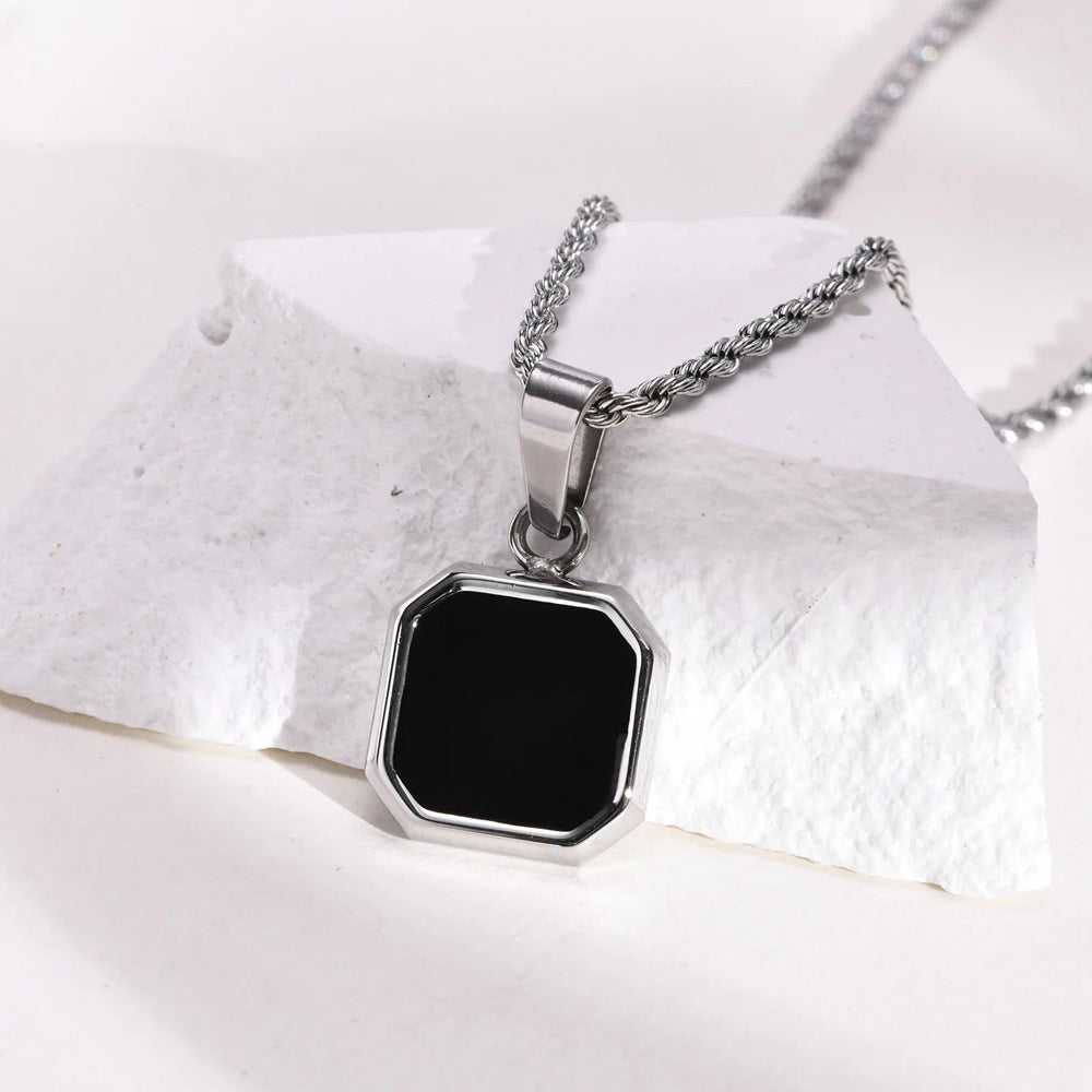 Octagon Square Black Onyx Pendant Minimalist Vintage Mens Rope Chain Necklace