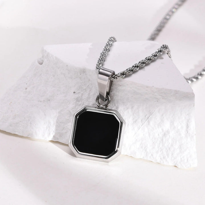 Octagon Square Black Onyx Pendant Minimalist Vintage Mens Rope Chain Necklace