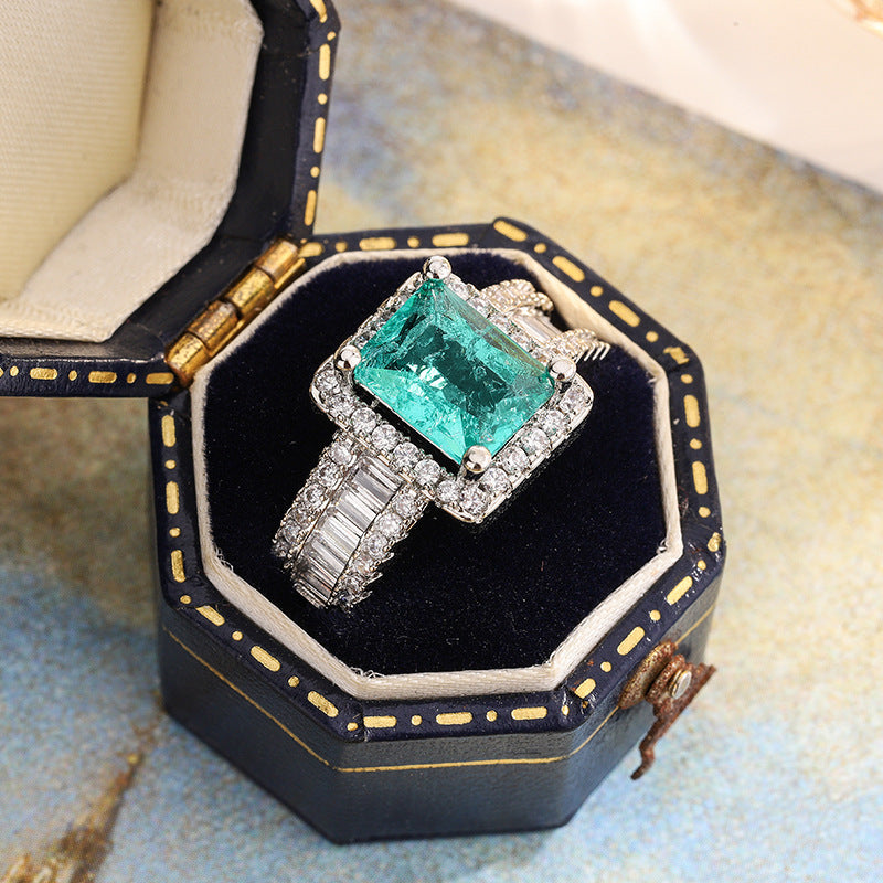 Emerald Cut Green Gem Halo Jewelry Ring Wide Band Statement Ring For Women Wedding Anniversary Gift