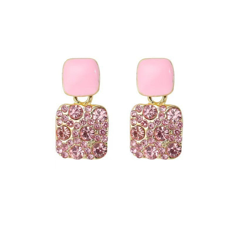 Square Enamel Stud Earrings Women Diamond Paved Gold Two Tone Luxury Jewelry Gift