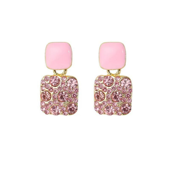 Square Enamel Stud Earrings Women Diamond Paved Gold Two Tone Luxury Jewelry Gift