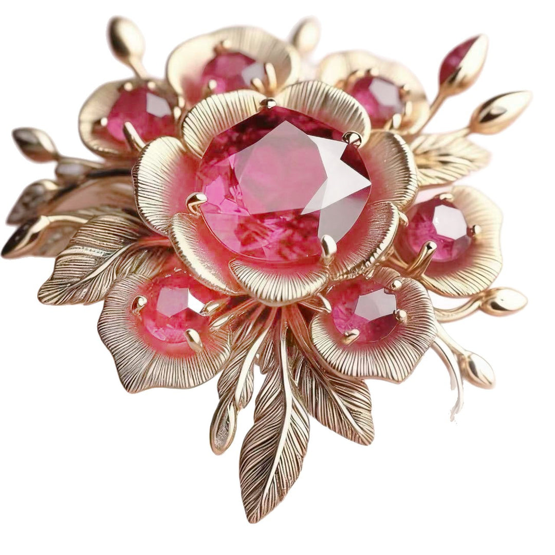 Vintage Floral Pink Diamond Carved Ring 14K Gold Artistic Flower Women Ring