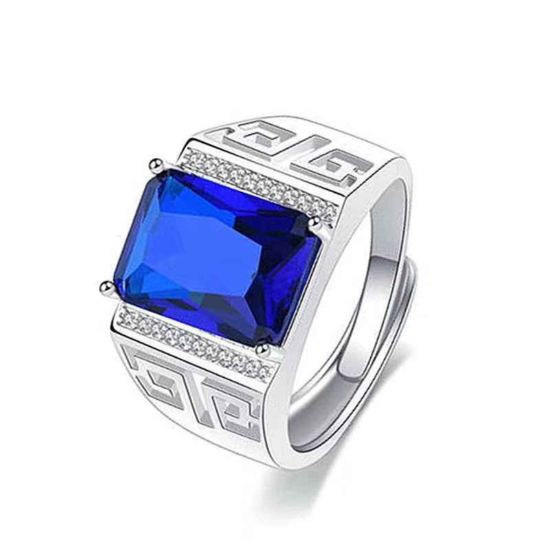 Adjustable Open‑Band Hollow Greek‑Key Men’s Ring Wide Band With Gem & Diamond Accent