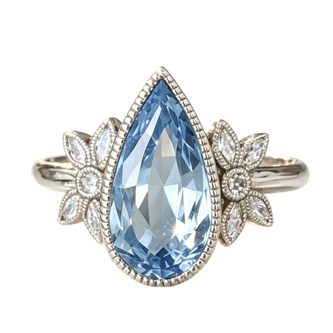 Teardrop Blue Diamond Ring Women Silver Flower Accent Sparkling Luxury Jewelry Gift