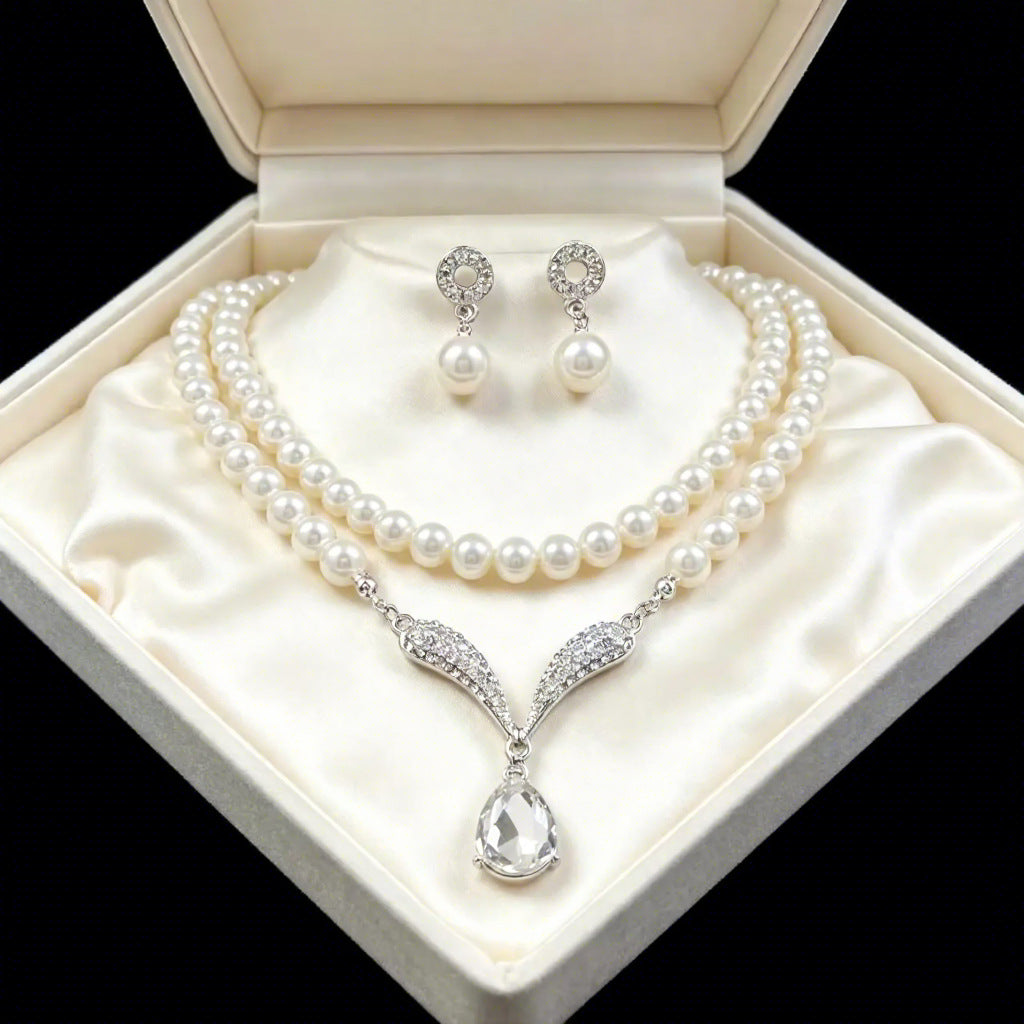 Elegant Bridal Pearl Jewelry Set Necklace And Drop Earrings For Wedding Evening Party