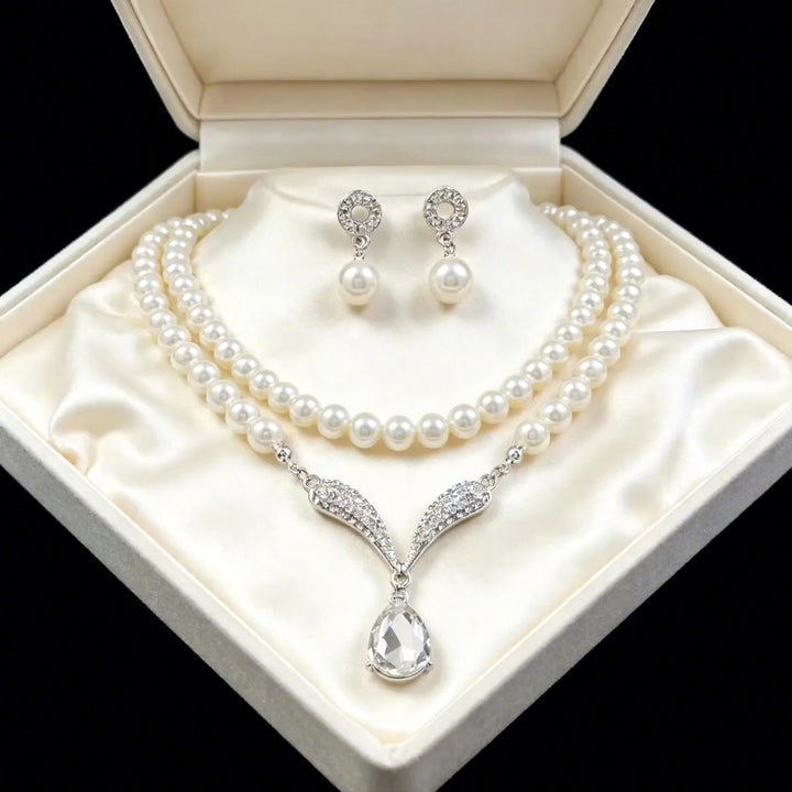 Elegant Bridal Pearl Jewelry Set Necklace And Drop Earrings For Wedding Evening Party