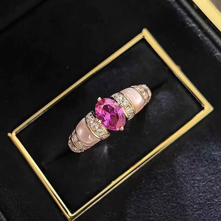 Oval Pink Purple Diamond Ring Women Rose Gold Enamel Floral Luxury Jewelry Gift