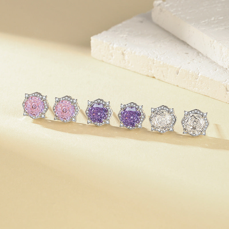 Millennium Rose Cut Diamond Stud Earrings Women Halo Hexagon Silver Sparkling Jewelry Gift