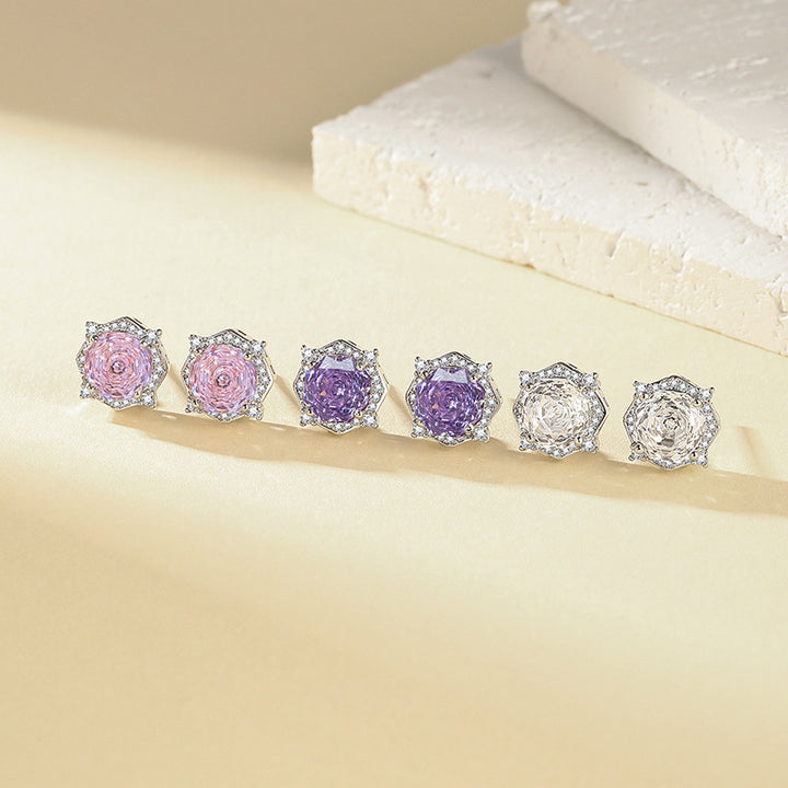Millennium Rose Cut Diamond Stud Earrings Women Halo Hexagon Silver Sparkling Jewelry Gift