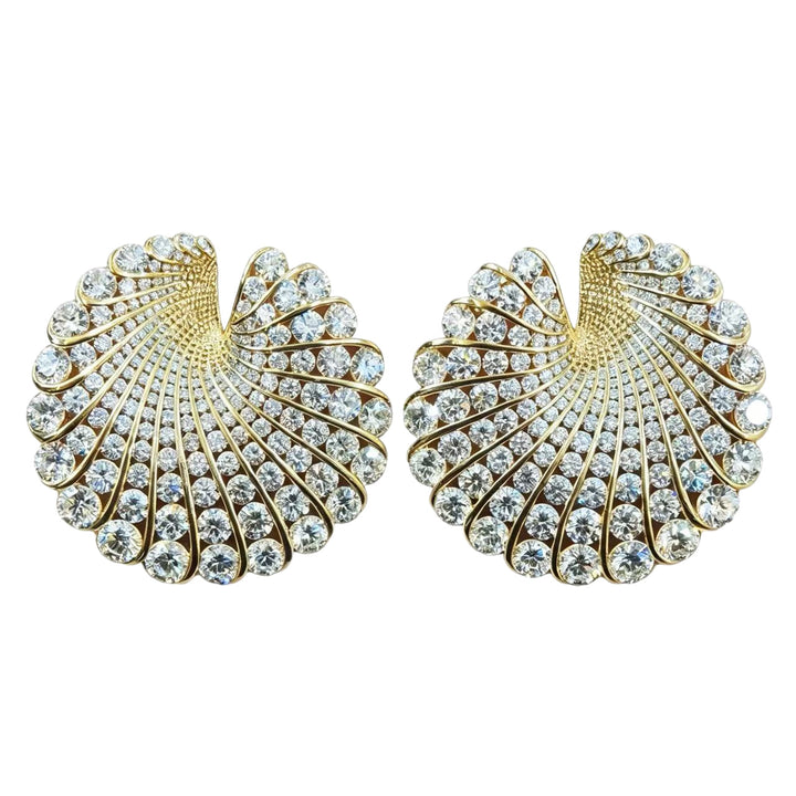 Fan‑Shaped Color Gemstone Paved Diamond Earrings Retro Gorgeous Large Statement Studs