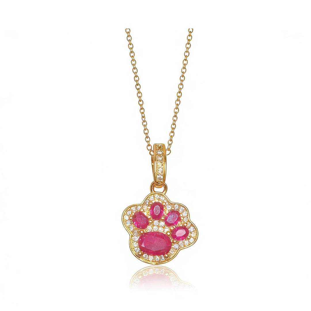Cute Paw Print Pendant Necklace Ruby Stone Diamond Womens Dainty Statement Necklace