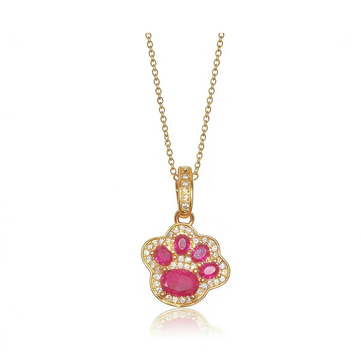 Cute Paw Print Pendant Necklace Ruby Stone Diamond Womens Dainty Statement Necklace