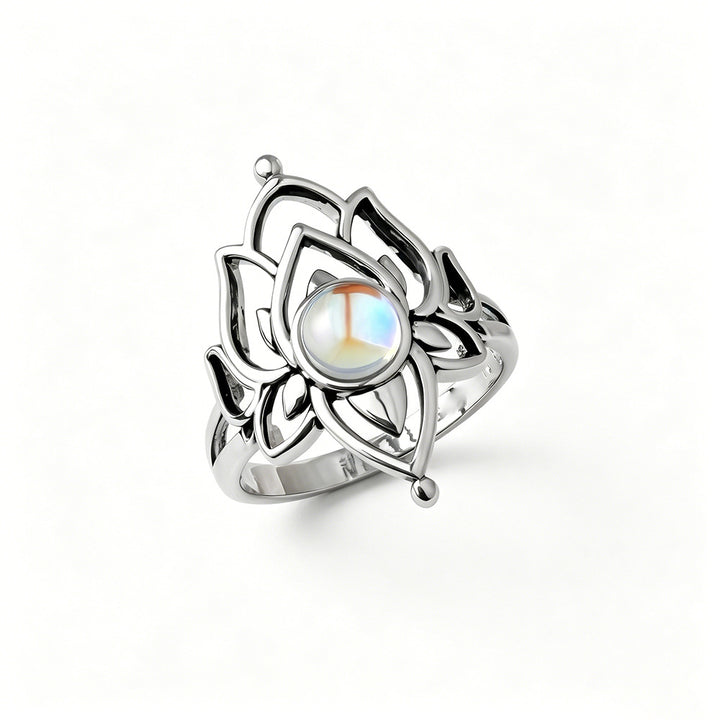 Open‑Work Lotus Moonstone Women Ring, Elegant Boho‑Chic Floral Band