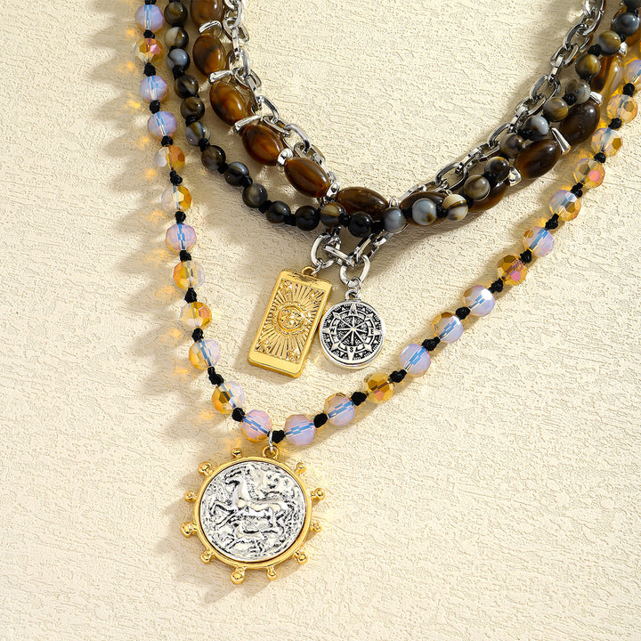 Layered Boho Coin Pendant Necklace Women Tiger Eye Crystal Silver Multistrand Jewelry Gift