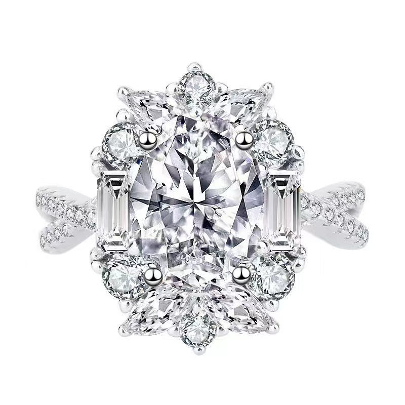 Oval Cut Center Diamond Sterling Silver Halo Ring, Twisted Split Shank Engagement Ring