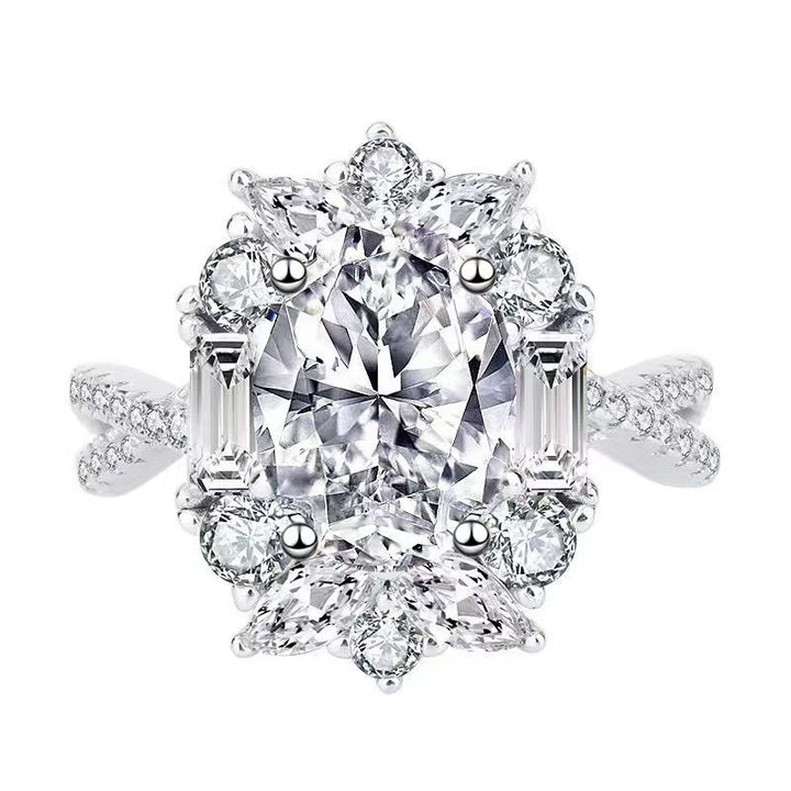 Oval Cut Center Diamond Sterling Silver Halo Ring, Twisted Split Shank Engagement Ring