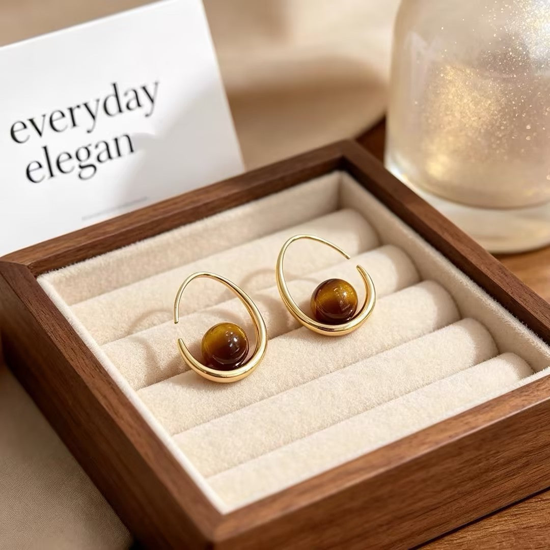Tiger Eye Bead Drop Earrings Women Teardrop Wire Gold Minimalist Dangle Jewelry Gift