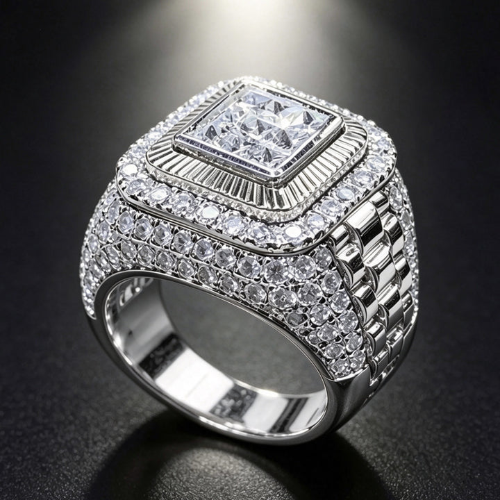 Hip Hop Two‑Tone Square Full Stone Bold Wide Band Mens Ring