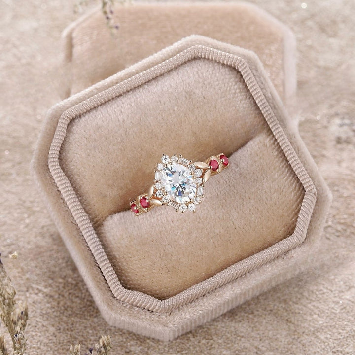 Oval Diamond Halo Engagement Ring Women Rhombus Ruby Accent Vintage Court Style Wedding Ring