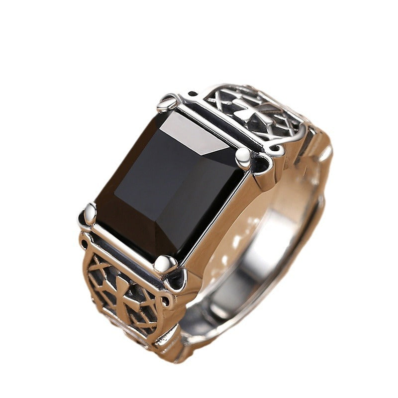 Vintage Rectangle Obsidian Solid Sterling Silver Adjustable Open Ring Men Retro Hollow Cross Carved Statement Ring