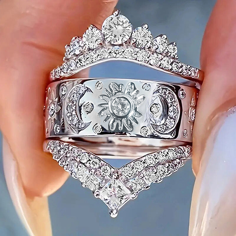 Sun Moon Celestial 3 Piece Stackable Ring Set Women V Shape Pave Diamond Chevron Midi Ring