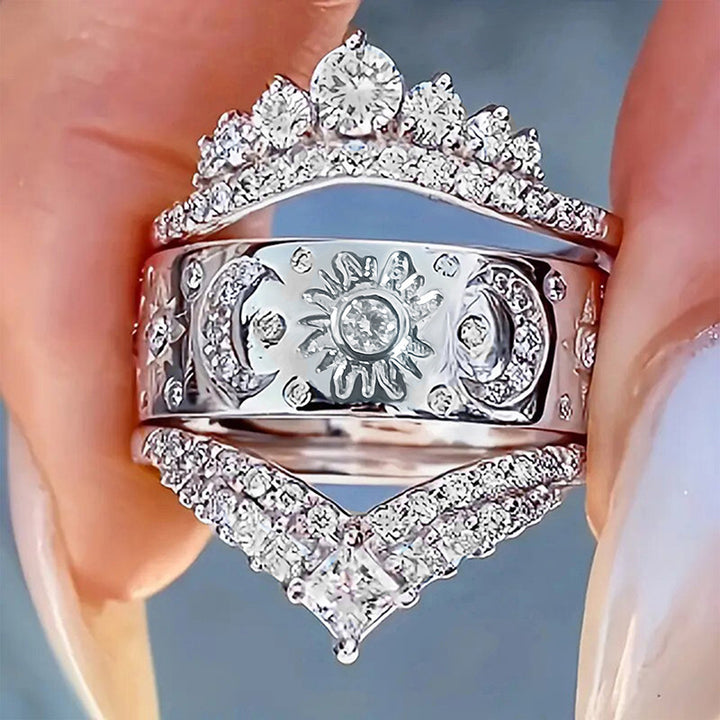 Sun Moon Celestial 3 Piece Stackable Ring Set Women V Shape Pave Diamond Chevron Midi Ring