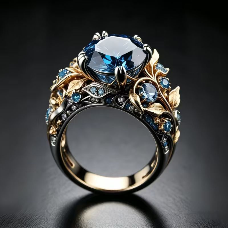 Blue Sapphire Leaf Vine Ring Women Two Tone Gold Silver Vintage Art Nouveau Nature Engagement Ring