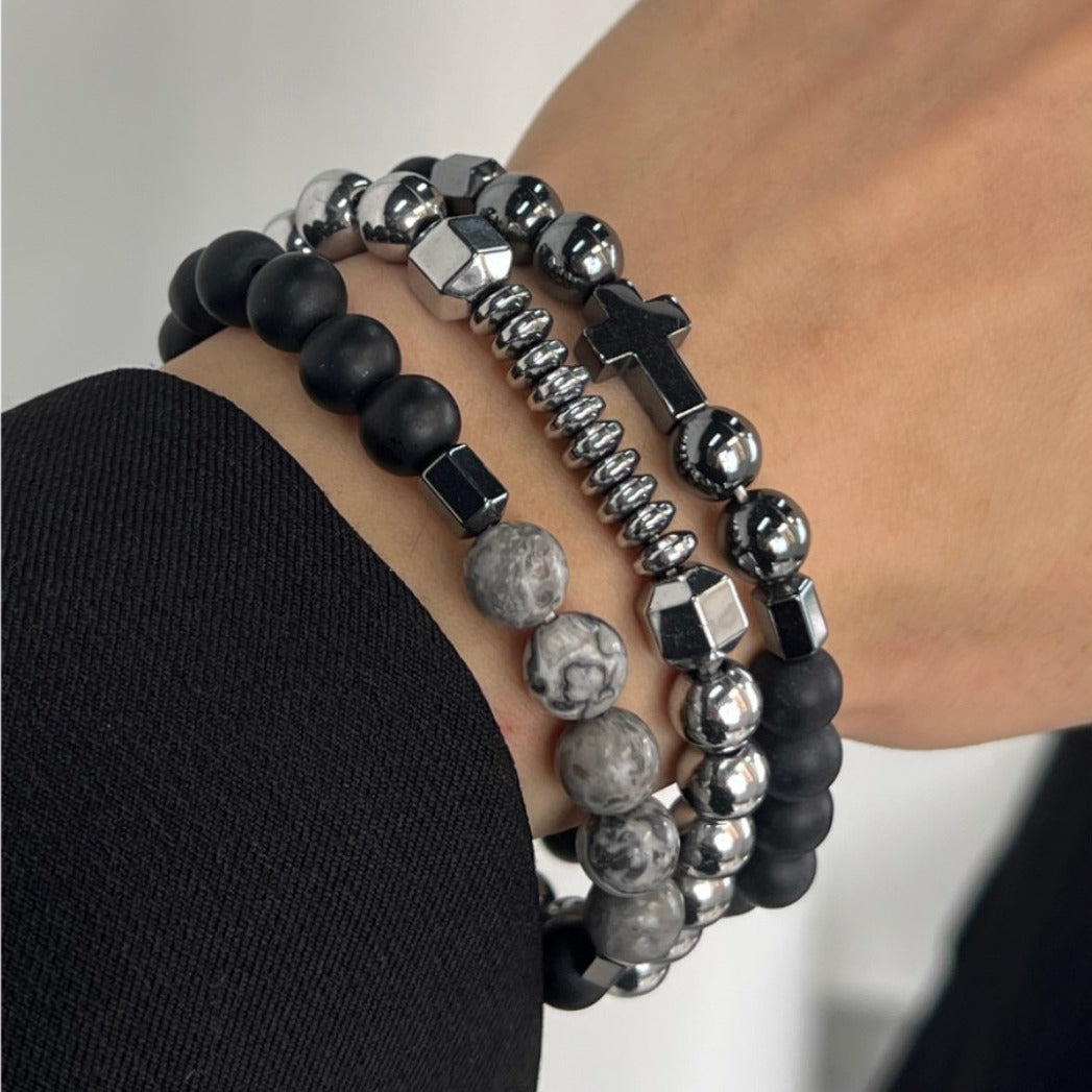 Cross Charm Beaded Stack Bracelet Set Gothic Layered Wristband Trendy Streetwear Statement Hand Jewelry For Men