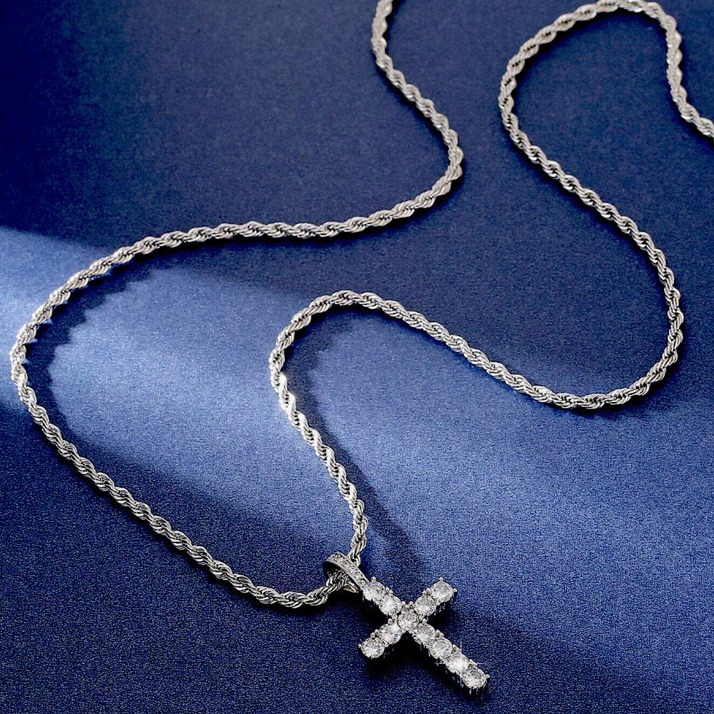 Hip‑Hop Full‑Paved Diamond Cross Pendant Necklace, Retro Rope Chain Unisex Choker