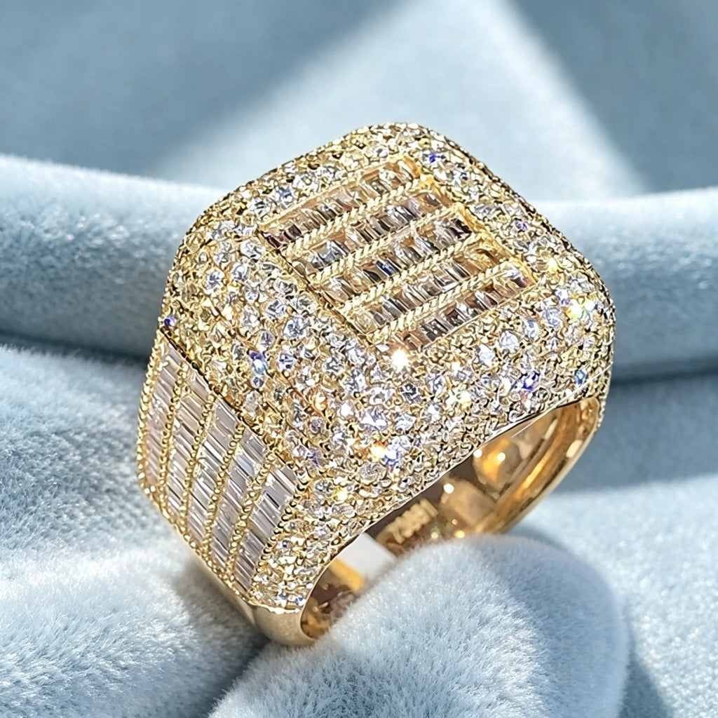 Men Hip Hop Square Statement Ring Baguette Round Diamond Pave Set Wide Band Luxury Cocktail Party Fashion Jewelry Gift