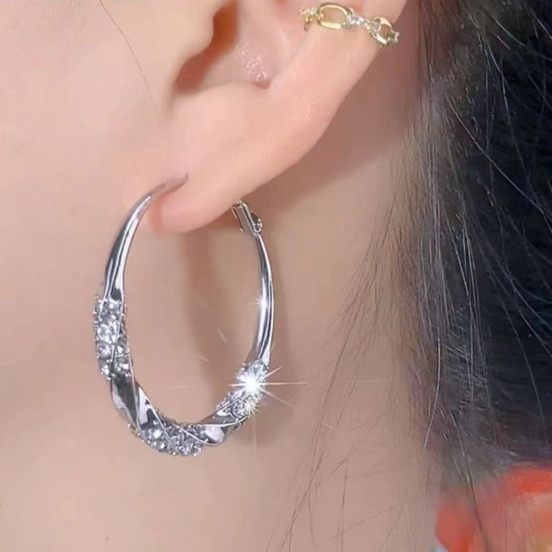 Silver Diamond Hoop Earrings Women Twisted Big Circle Sparkling Dazzling Jewelry Gift