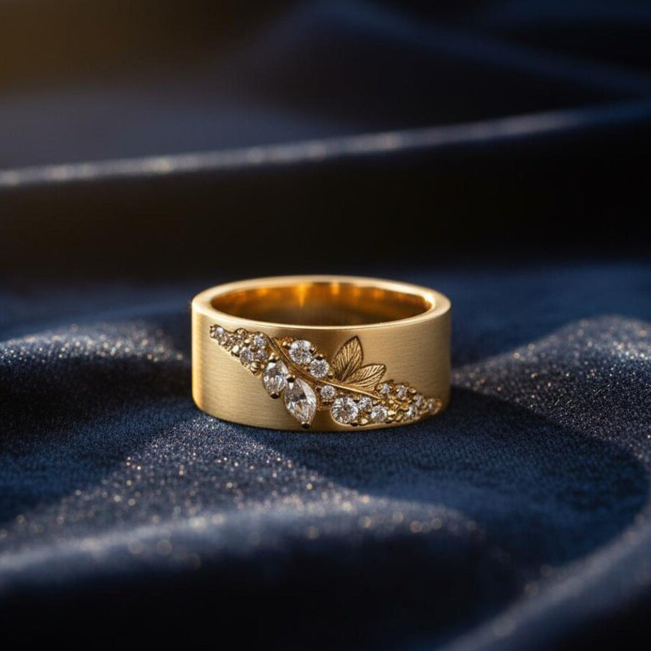 Vintage Leaf Branch Wide Band Ring Marquise Round Diamond Inlaid Statement Ring Bridal Wedding Band Elegant Stackable Cocktail Ring Timeless Luxury Jewelry For Her Gift