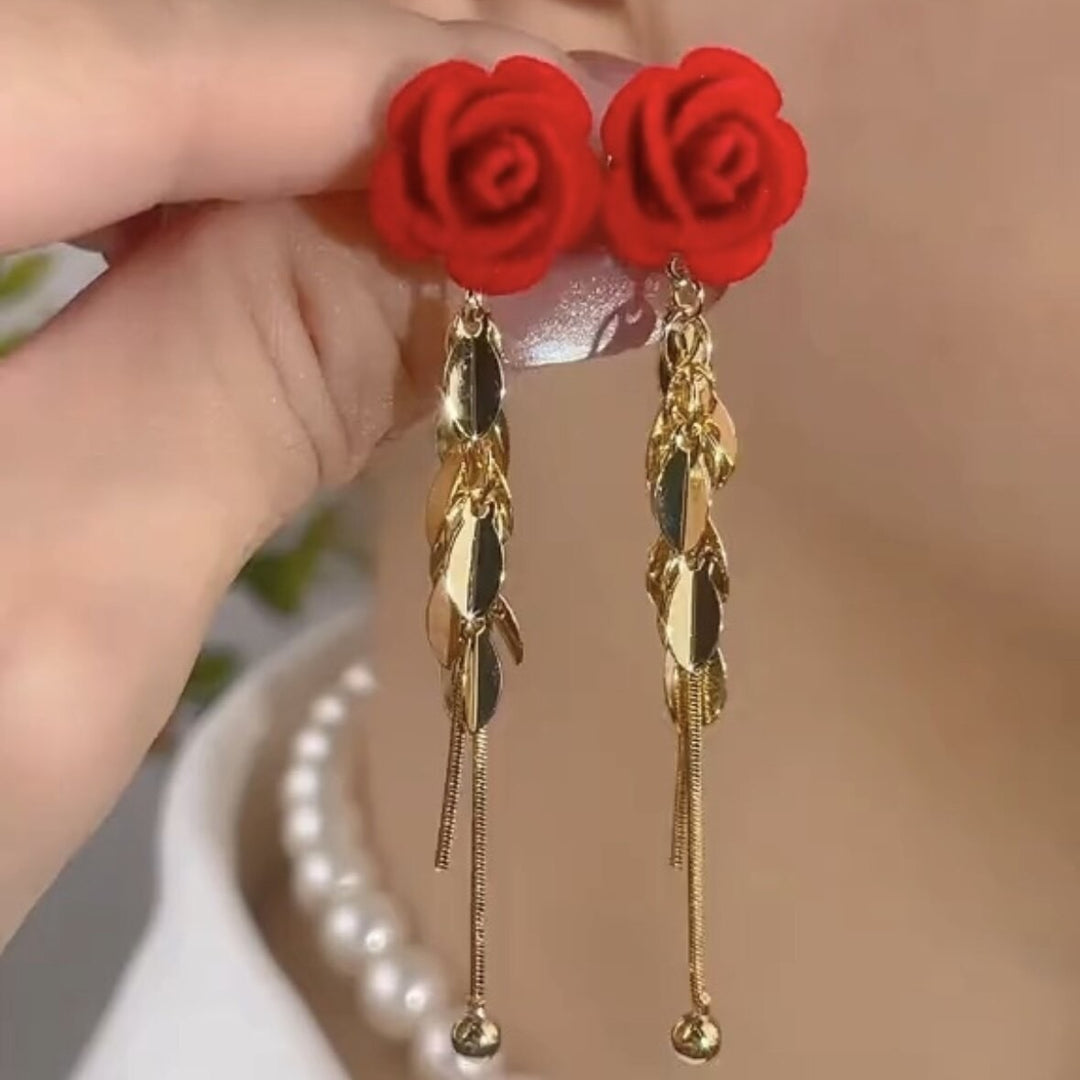 Red Rose Leaf Tassel Drop Earrings Long Dangle Earrings For Women