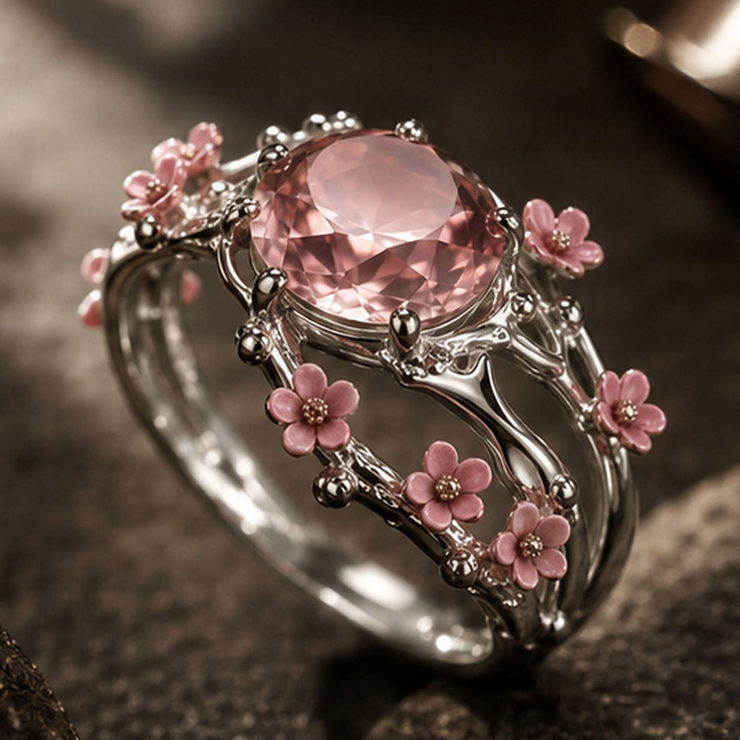 Pink Diamond Cherry Blossom Branch Ring Women Nature Inspired Vintage Flower Cocktail Ring