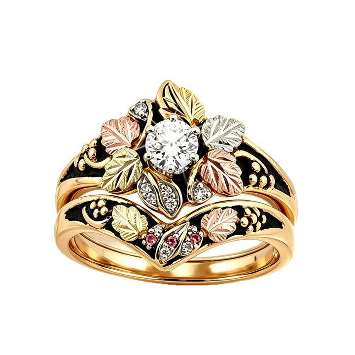 Multi Tone Leaf Diamond Ring Set Vintage Enamel Stackable Two Piece Rings For Women