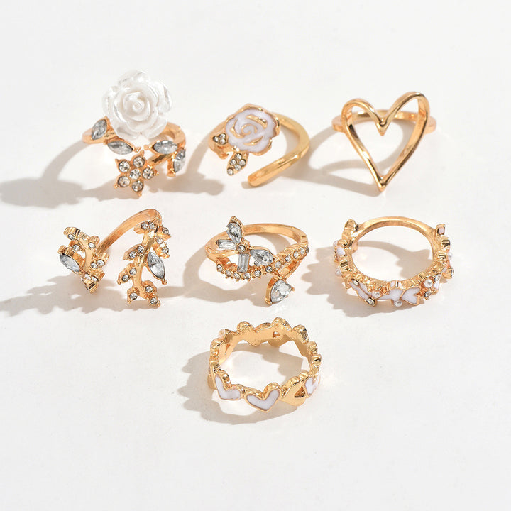 Vintage White Rose Hollow Heart Stackable Ring Set Elegant Floral Butterfly Rhinestone Layerable Finger Rings Aesthetic Statement Rings For Women