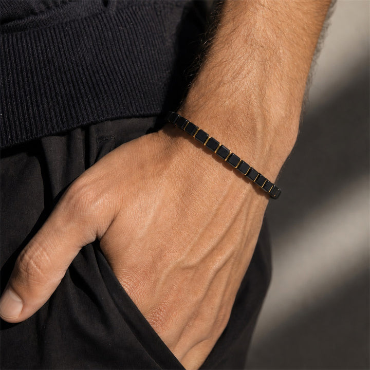 Black Square Obsidian Bead Bracelet Minimalist Premium Unisex Stackable Wrist Band