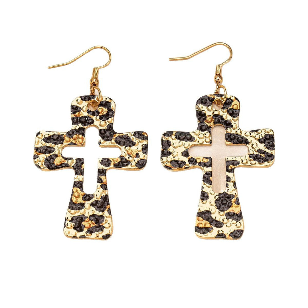 Leopard Print Cross Drop Earrings Women Hammered Gold Tone Dangle Earrings Western Boho