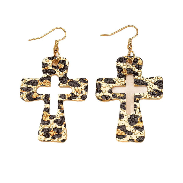 Leopard Print Cross Drop Earrings Women Hammered Gold Tone Dangle Earrings Western Boho