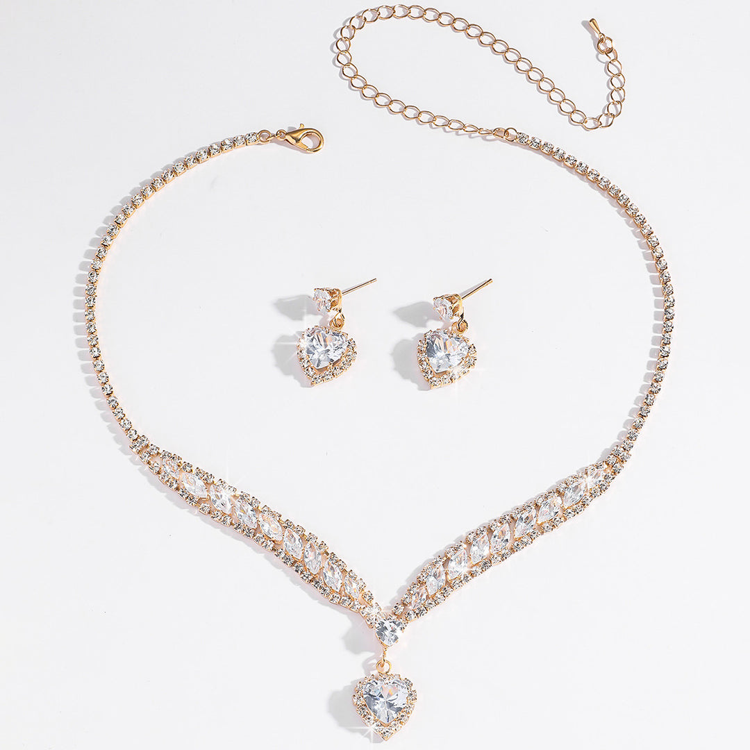 Heart Diamond Pendant V Shape Necklace Drop Earring 2Pcs Jewelry Set Bridal Wedding Party Statement Jewelry For Women