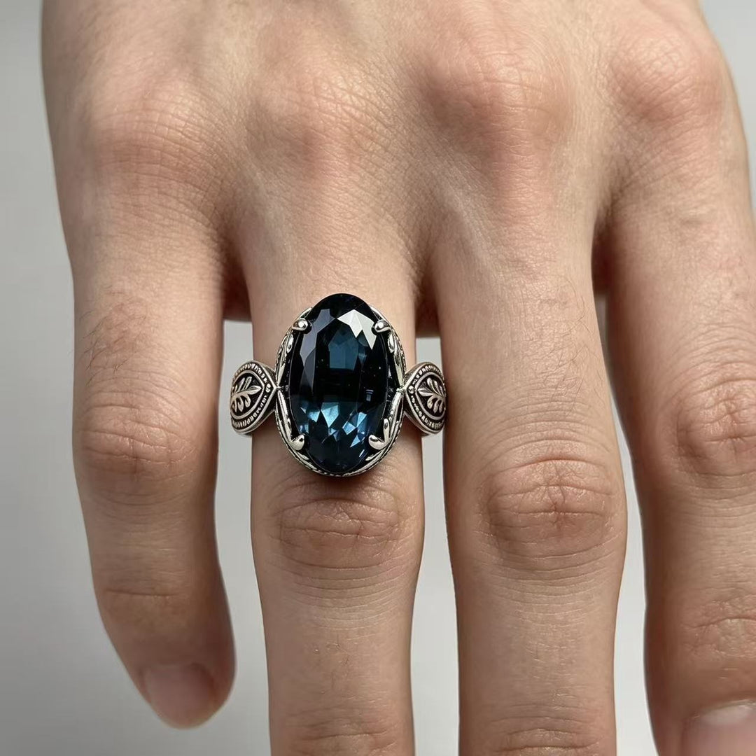 Blue Sapphire Oval Filigree Ring Women Vintage Leaf Art Nouveau Silver Cocktail Ring