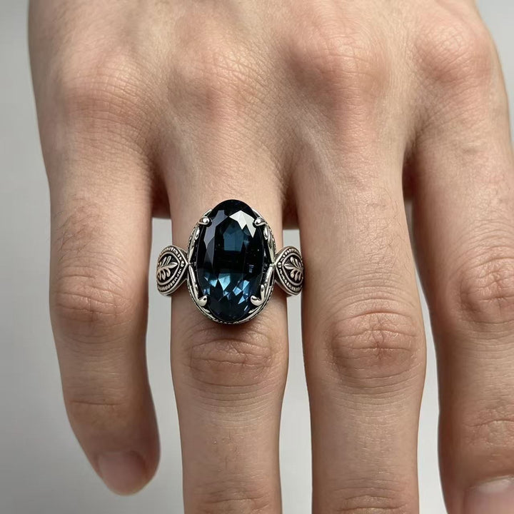 Blue Sapphire Oval Filigree Ring Women Vintage Leaf Art Nouveau Silver Cocktail Ring