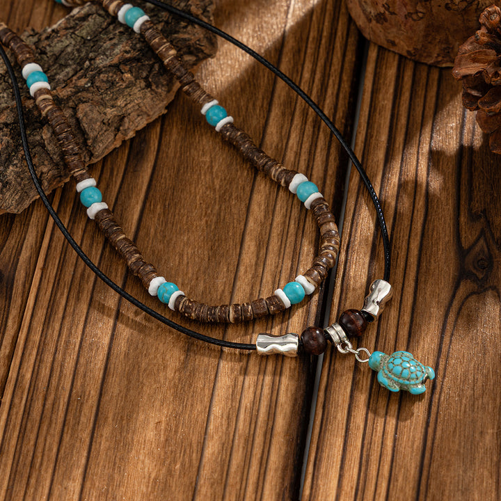 Men's Layered Beaded Necklace Natural Wood Turquoise Tiger Eye Leather Cord Pendant Necklace