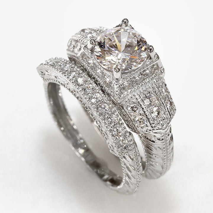 Vintage Round Diamond Bridal Ring Set Milgrain Engraved Sterling Silver Wedding Stackable Rings For Women