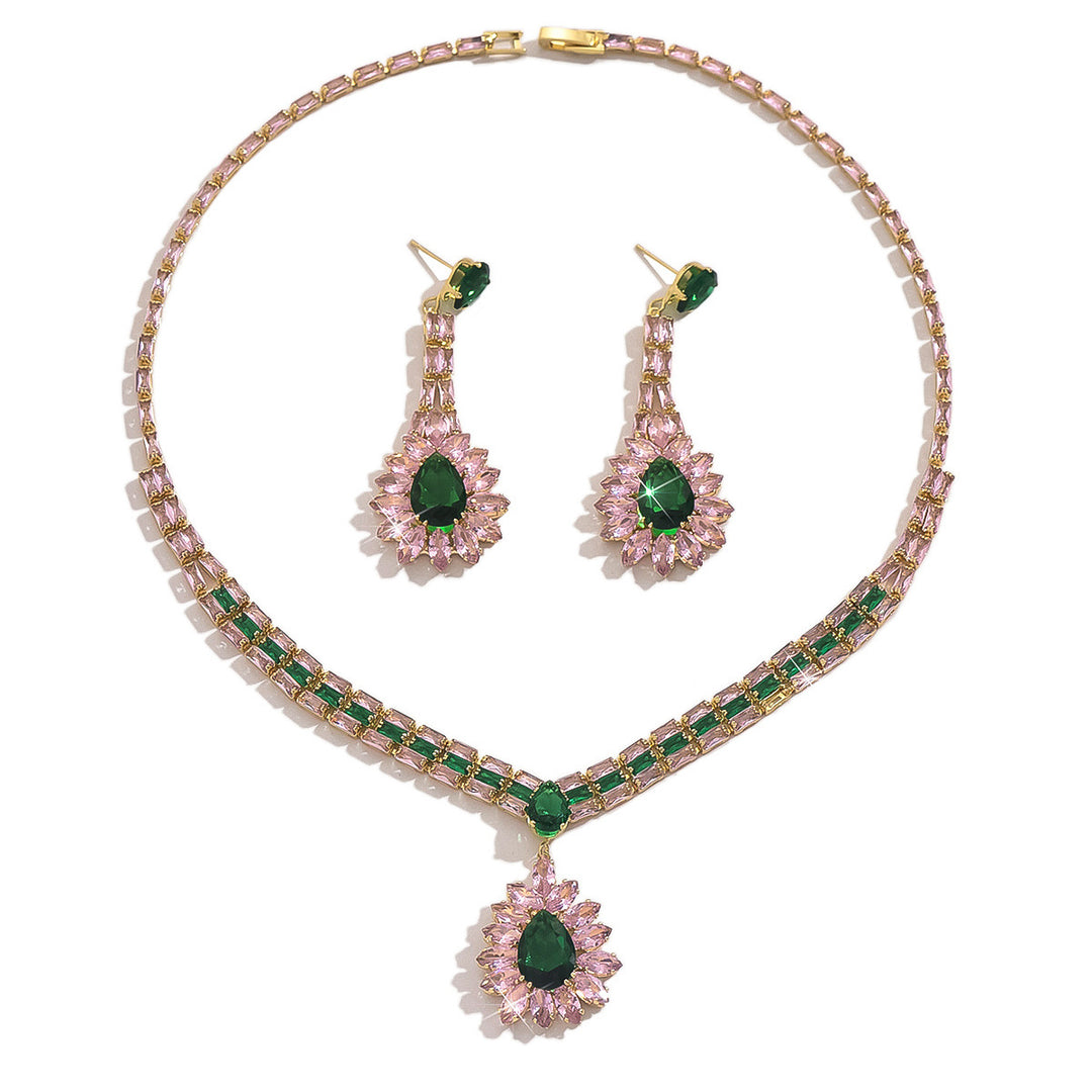 Luxury Water Drop Gem Jewelry Set Pink Green Diamond Statement Necklace And Drop Earring Set For Women Formal Party Wedding