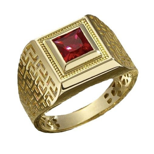 Vintage Meander‑Pattern Hollow Wide‑Band Men’s Ring, Square‑Gem Square‑Bezel Signet Ring
